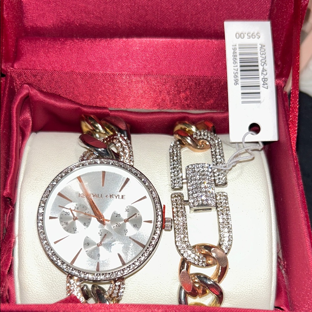 Kendall + Kylie Open-Link Crystal Embellished Mixed Metal Watch and Bracelet Set